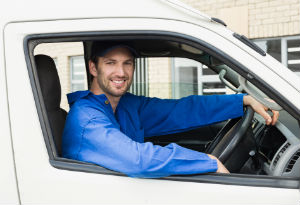 van driver in blue shirt